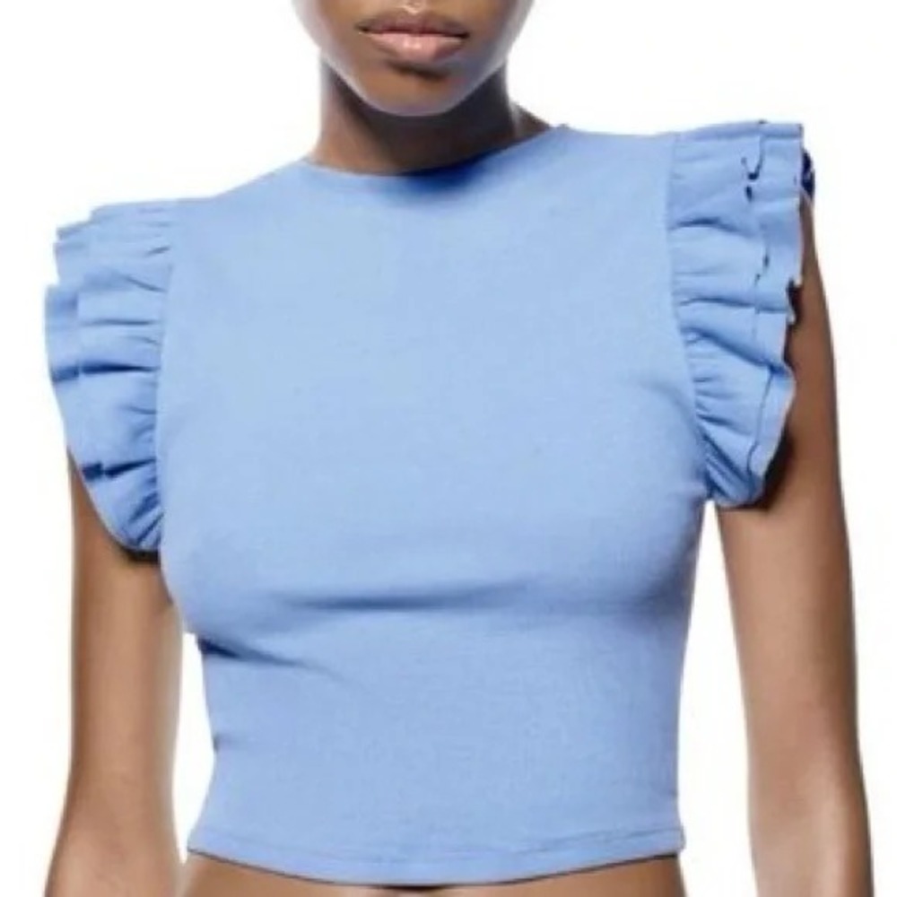 Zara Top S Blue Ruffle Sleeve Ribbed Knit Cropped Cap Sleeve Tee 3253/310/400